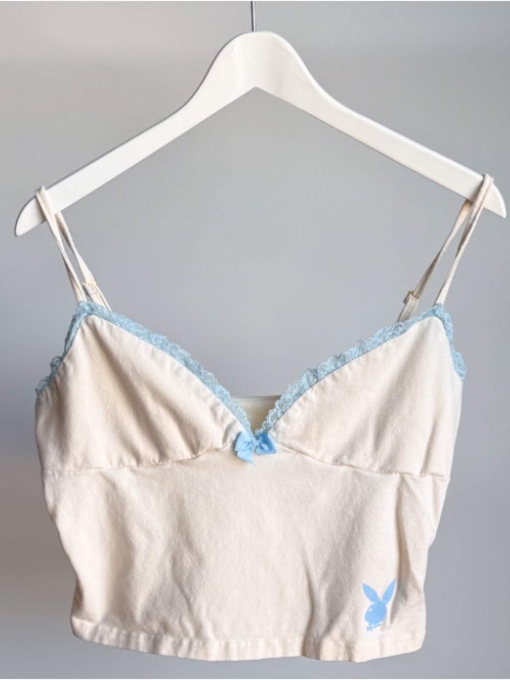 Playboy x Missguided Cream Cami Crop Top Blue Lace L (Fits like S/M)